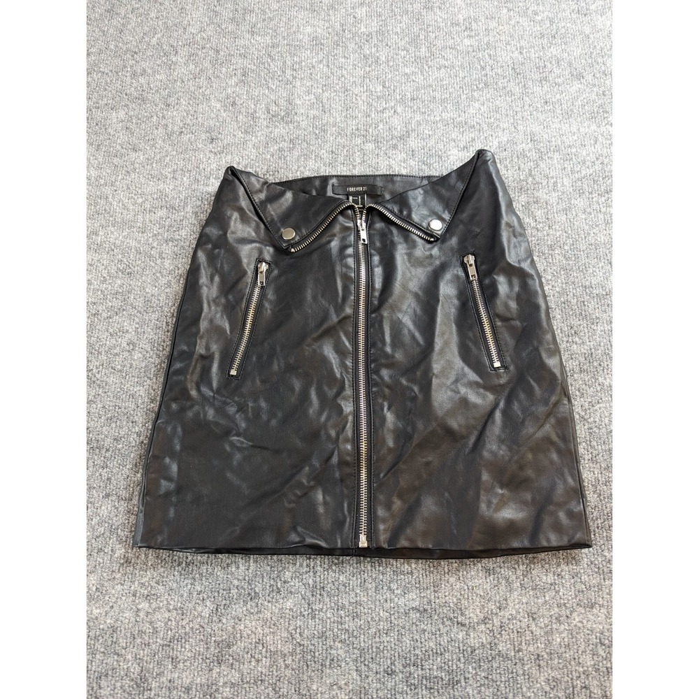 Forever 21 Mini Skirt Womens S Black Faux Leather Double Silver Zipper Goth Edgy